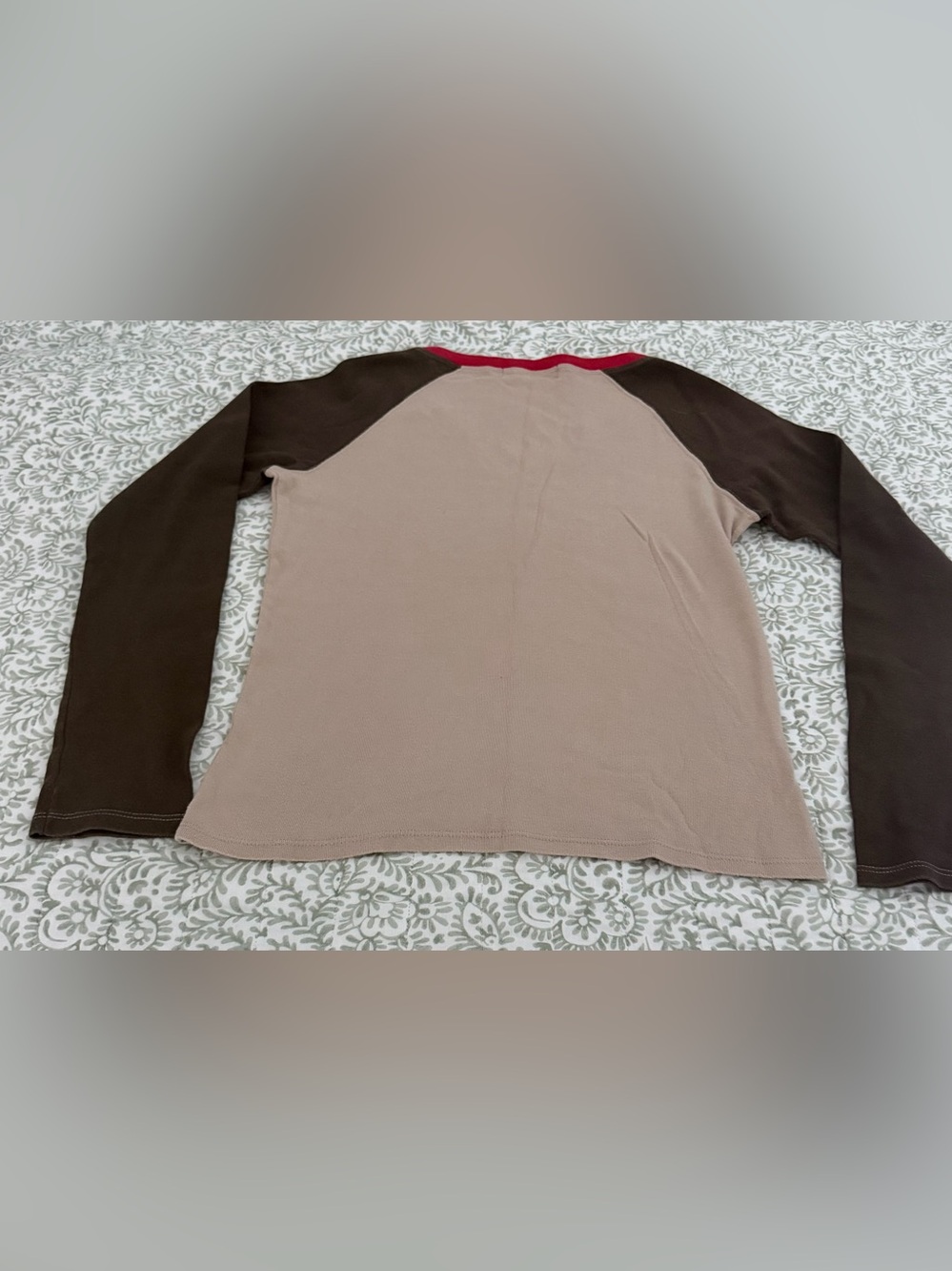 Zara Beige Long Sleeve Raglan Tee with Brown Sleeves and Red Trim - Picture 3 of 4